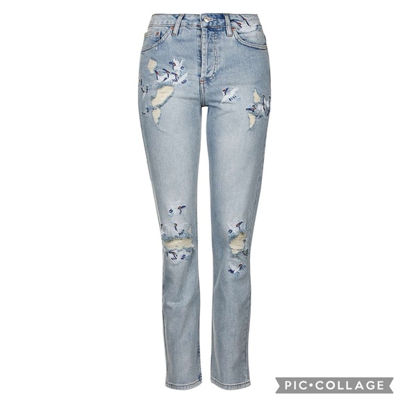 Topshop Moto Bird Embroidered Distressed Skinny Jeans Size 26 - Picture 1 of 14